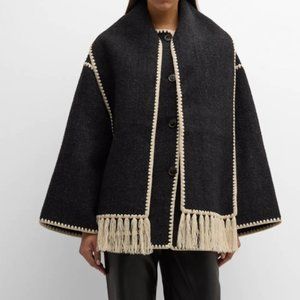TOTEME Embroidered Fringe Contrast-Trim Scarf Wool Jacket